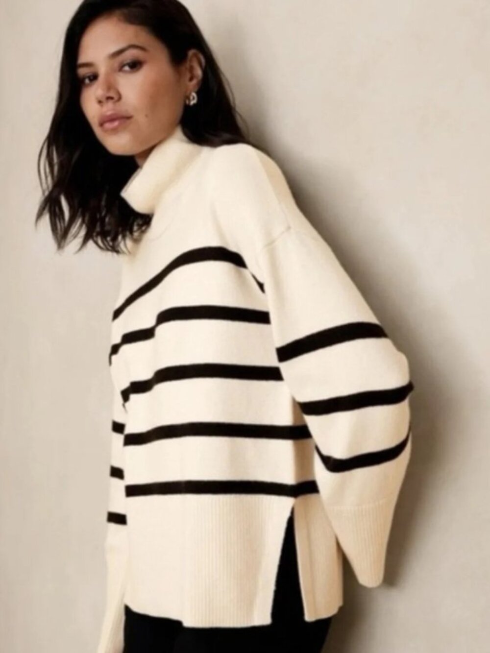 Banana Republic Women's Striped Turtleneck Sweater Cream Black Oversized S
